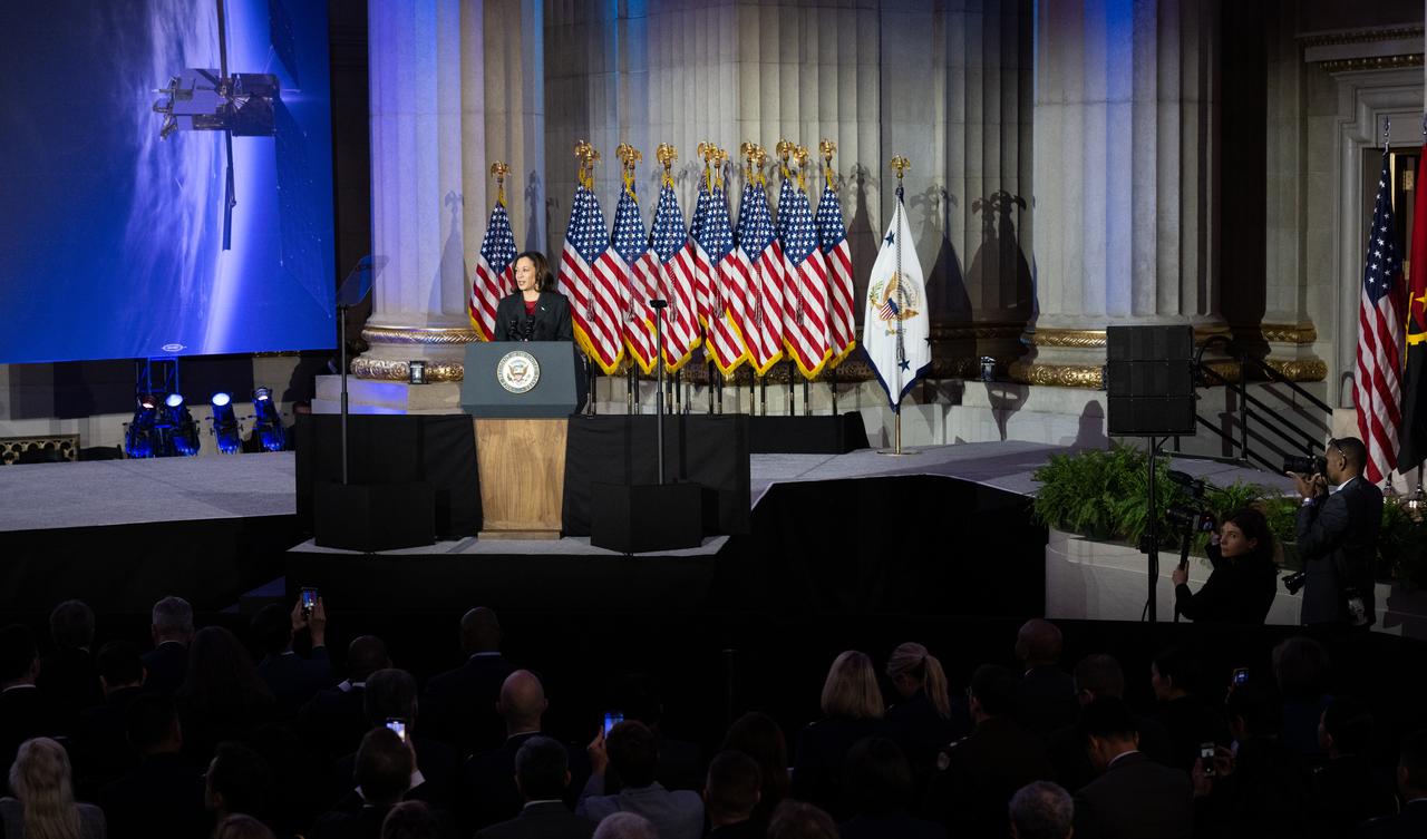 Vice President Kamala Harris delivers remarks at the third meeting of the National Space Council, Wednesday, Dec. 20, 2023, at the Andrew W. Mellon Auditorium in Washington. Chaired by Vice President Kamala Harris, the council's role is to advise the President regarding national space policy and strategy, and ensuring the United States capitalizes on the opportunities presented by the country’s space activities.  Photo Credit: (NASA/Joel Kowsky)