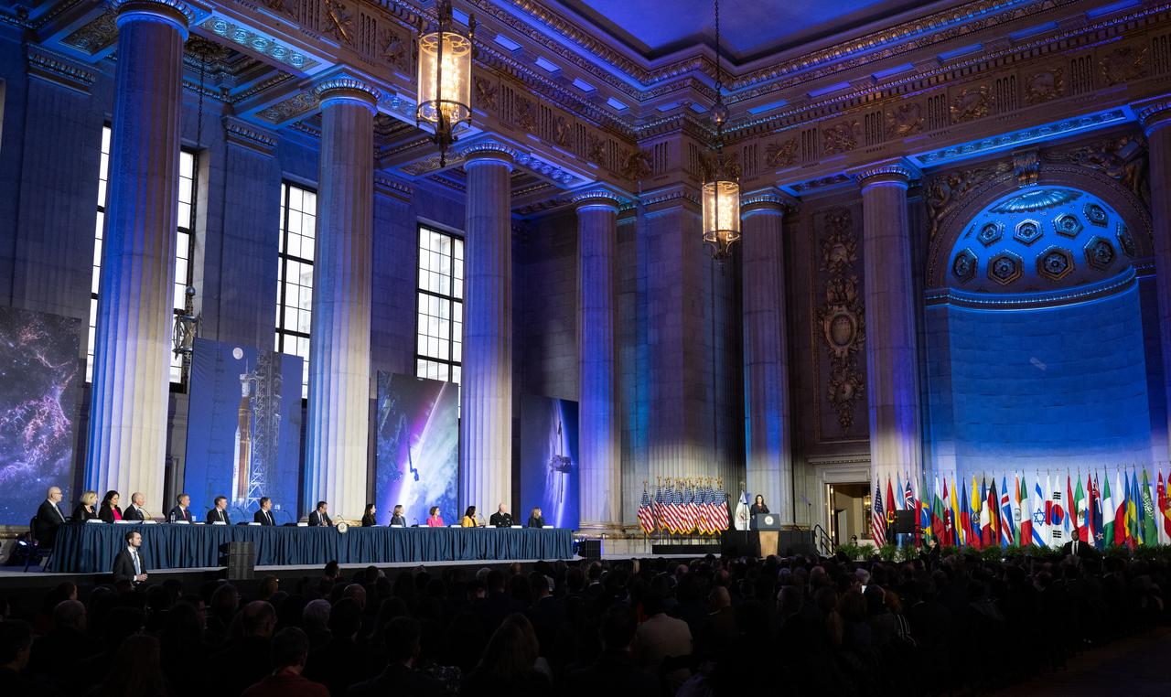 Vice President Kamala Harris delivers remarks at the third meeting of the National Space Council, Wednesday, Dec. 20, 2023, at the Andrew W. Mellon Auditorium in Washington. Chaired by Vice President Kamala Harris, the council's role is to advise the President regarding national space policy and strategy, and ensuring the United States capitalizes on the opportunities presented by the country’s space activities.  Photo Credit: (NASA/Joel Kowsky)