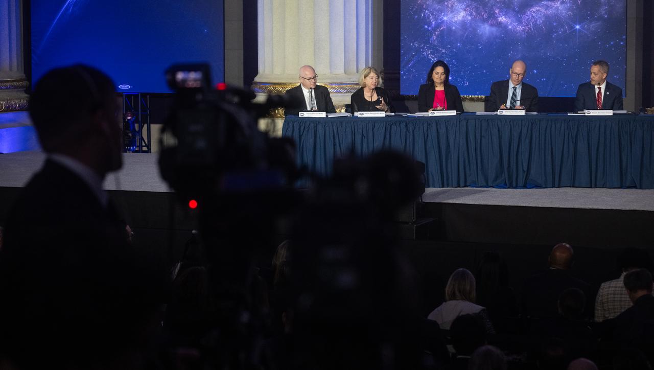 NASA Deputy Administrator Pam Melroy, second from left, speaks during the third meeting of the National Space Council along side Deputy Director of the Office of Science and Technology Policy Steve Welby, left, Deputy Director of the Office of Management and Budget Nani Coloretti, center, Deputy Secretary of Energy David Turk, second from right, and Deputy Secretary of Commerce Don Graves, right, Wednesday, Dec. 20, 2023, at the Andrew W. Mellon Auditorium in Washington. Chaired by Vice President Kamala Harris, the council's role is to advise the President regarding national space policy and strategy, and ensuring the United States capitalizes on the opportunities presented by the country’s space activities.  Photo Credit: (NASA/Joel Kowsky)