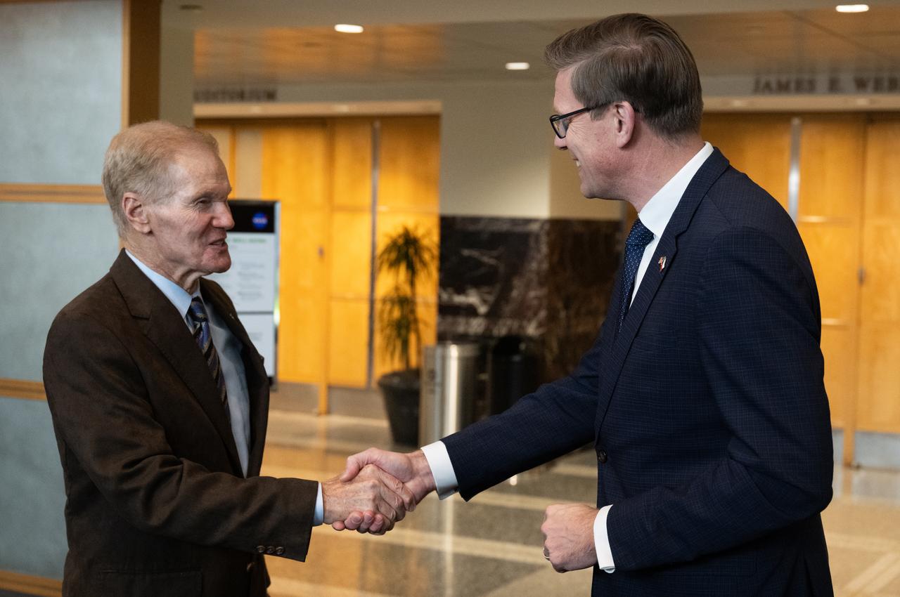 NASA Administrator Bill Nelson, left, and Martin Kupka, Minister of Transport for the Czech Republic, shakes hands as they meet at the Mary W. Jackson NASA Headquarters building, Monday, Jan. 22, 2024, in Washington. Photo Credit: (NASA/Joel Kowsky)