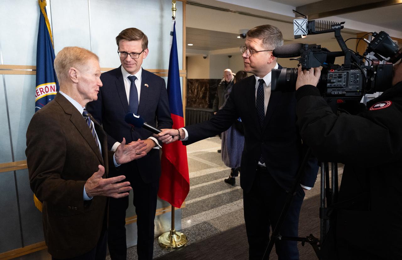 NASA Administrator Bill Nelson, left, and Martin Kupka, Minister of Transport for the Czech Republic, speak to members of the media before a meeting at the Mary W. Jackson NASA Headquarters building, Monday, Jan. 22, 2024, in Washington. Photo Credit: (NASA/Joel Kowsky)