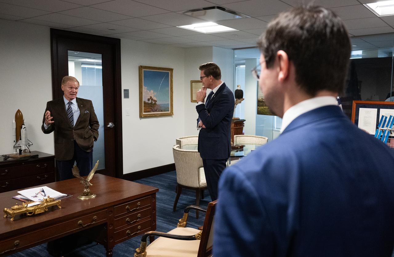 NASA Administrator Bill Nelson, left, and Martin Kupka, Minister of Transport for the Czech Republic, are seen during a meeting at the Mary W. Jackson NASA Headquarters building, Monday, Jan. 22, 2024, in Washington. Photo Credit: (NASA/Joel Kowsky)