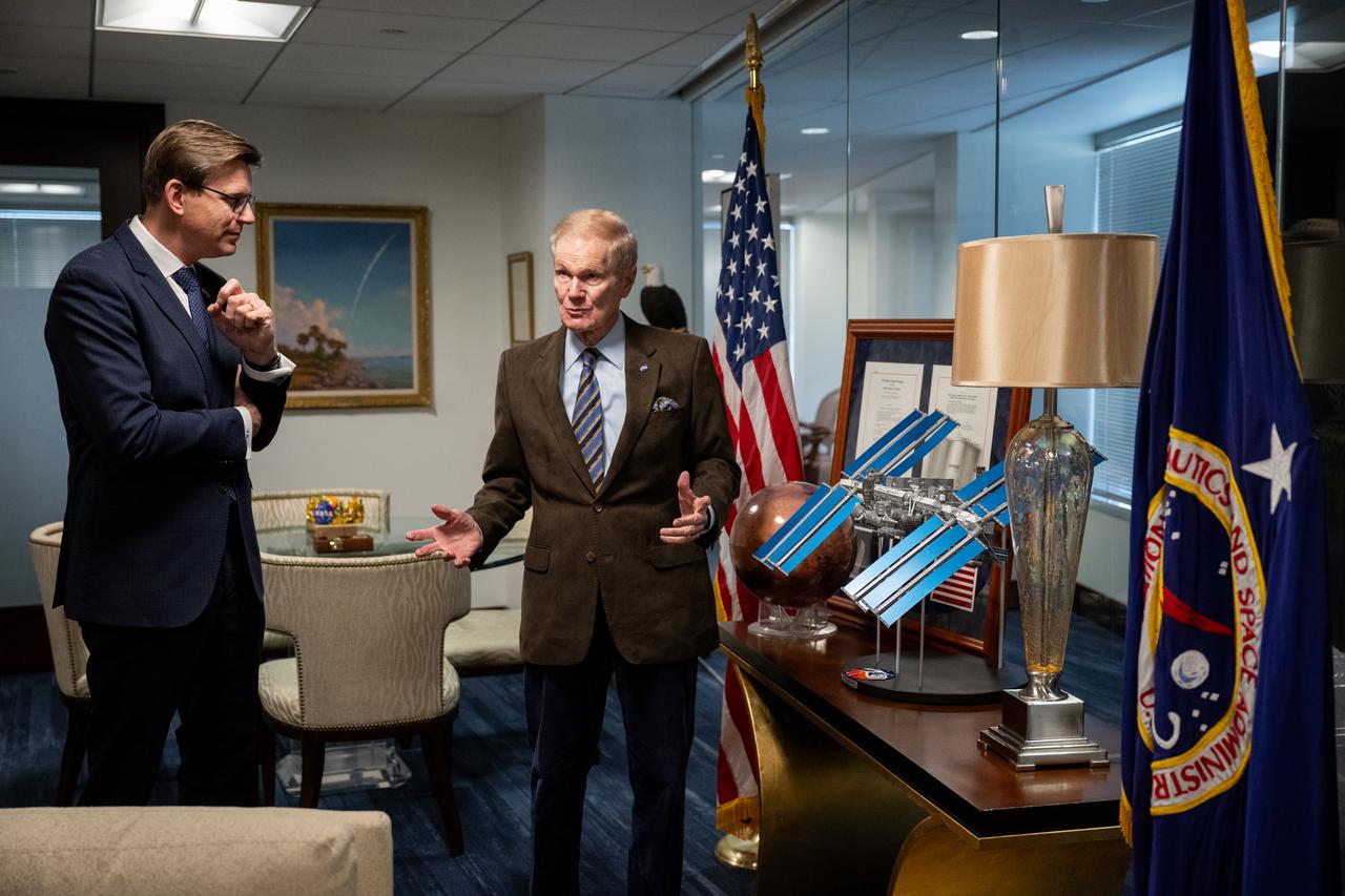 NASA Administrator Bill Nelson, right, and Martin Kupka, Minister of Transport for the Czech Republic, are seen during a meeting at the Mary W. Jackson NASA Headquarters building, Monday, Jan. 22, 2024, in Washington. Photo Credit: (NASA/Joel Kowsky)