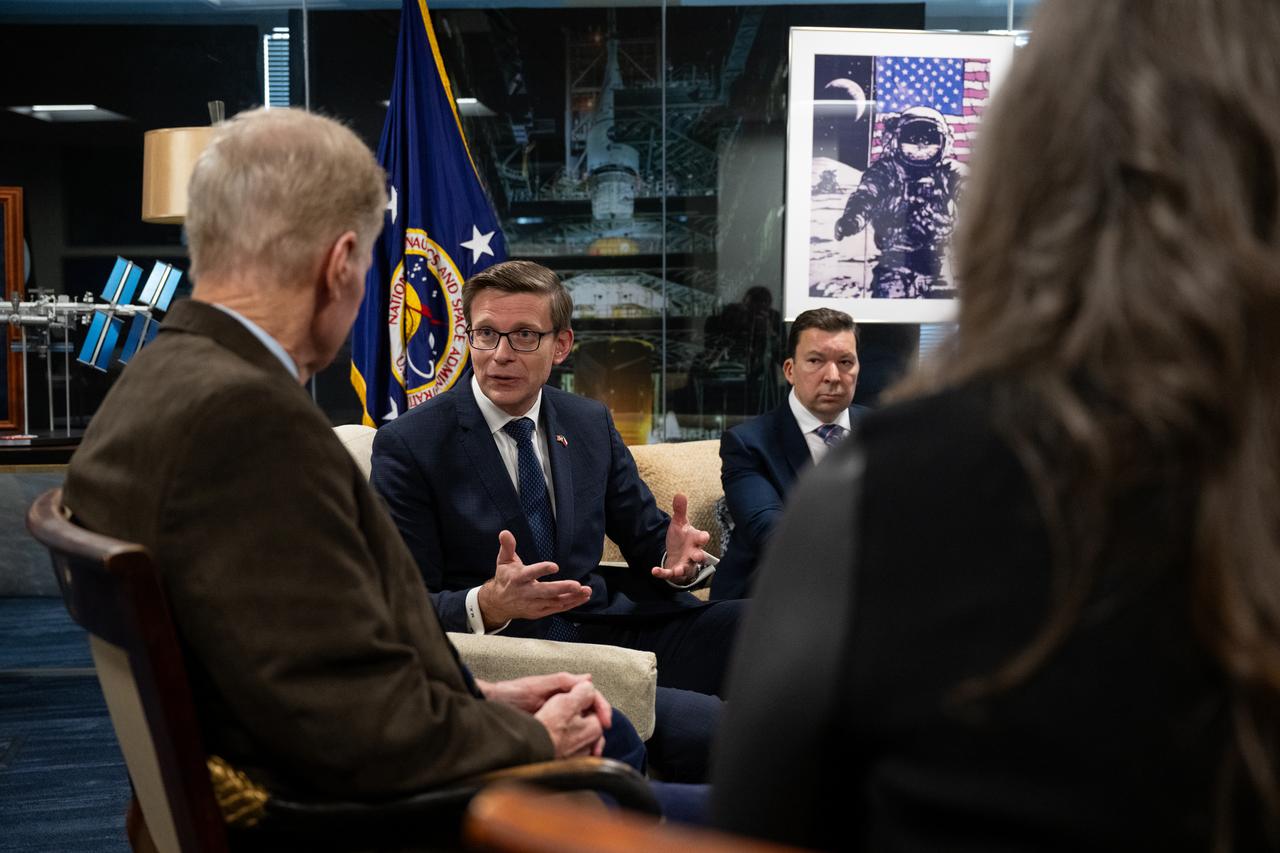 NASA Administrator Bill Nelson, left, Martin Kupka, Minister of Transport for the Czech Republic, and Ambassador of the Czech Republic to the United States Miloslav Stašek are seen during a meeting at the Mary W. Jackson NASA Headquarters building, Monday, Jan. 22, 2024, in Washington. Photo Credit: (NASA/Joel Kowsky)