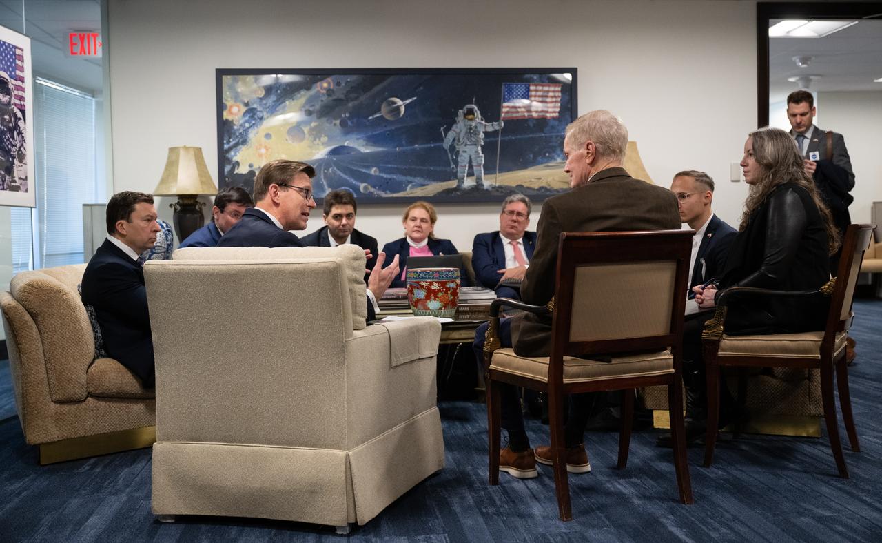 NASA Administrator Bill Nelson, second from right, Martin Kupka, Minister of Transport for the Czech Republic, and Ambassador of the Czech Republic to the United States Miloslav Stašek are seen during a meeting at the Mary W. Jackson NASA Headquarters building, Monday, Jan. 22, 2024, in Washington. Photo Credit: (NASA/Joel Kowsky)