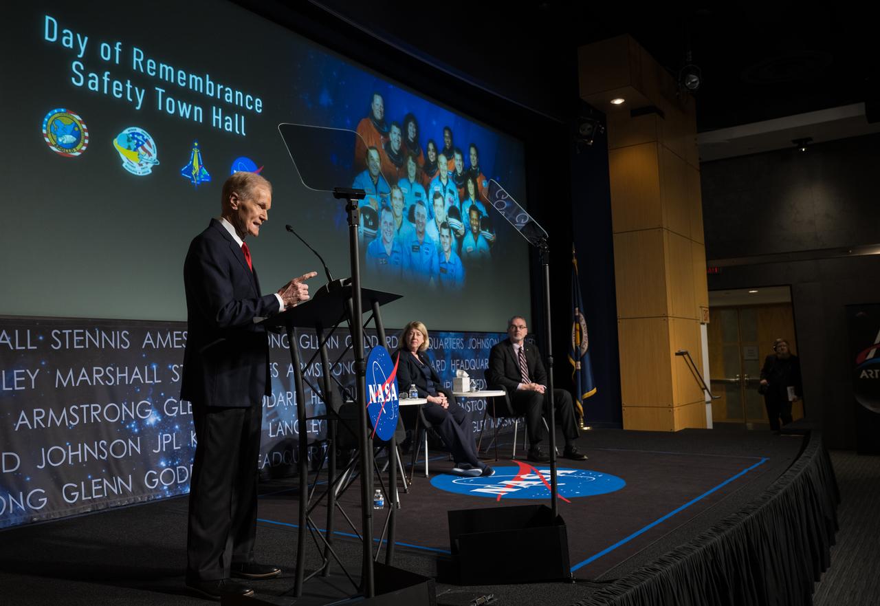 NASA Administrator Bill Nelson speaks during a NASA Safety Town Hall, Tuesday, Jan. 23, 2024 at the Mary W. Jackson NASA Headquarters building in Washington. The Safety Town Hall is held annually near the Day of Remembrance to learn from past errors and pay tribute to those that lost their lives in the quest for space exploration. Photo Credit: (NASA/Aubrey Gemignani)