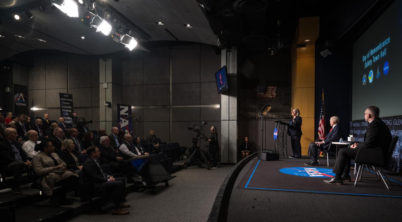 NASA Deputy Administrator Pam Melroy speaks during a NASA Safety Town Hall, Tuesday, Jan. 23, 2024 at the Mary W. Jackson NASA Headquarters building in Washington. The Safety Town Hall is held annually near the Day of Remembrance to learn from past errors and pay tribute to those that lost their lives in the quest for space exploration. Photo Credit: (NASA/Aubrey Gemignani)