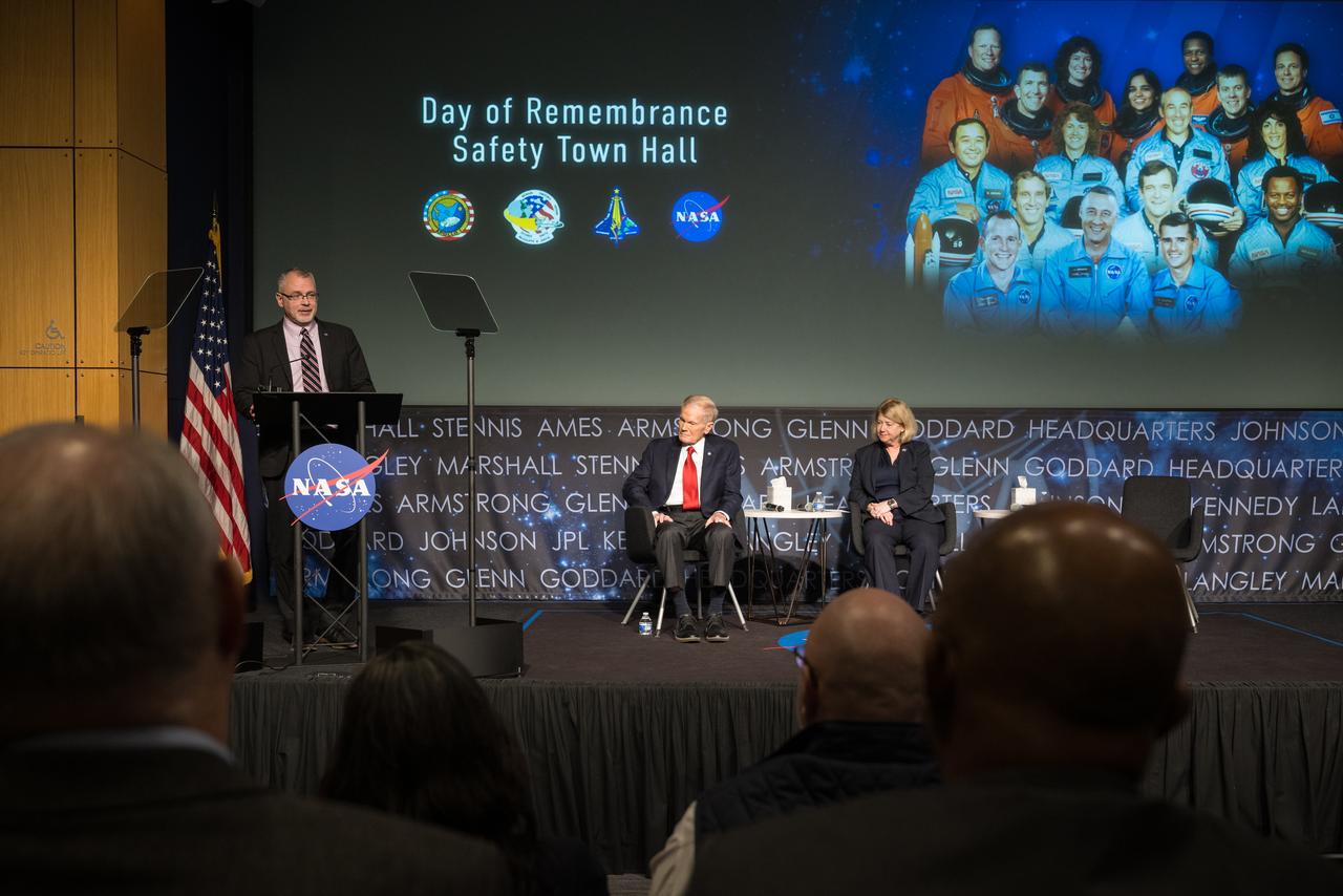 NASA Associate Administrator Jim Free speaks on a panel with NASA Administrator Bill Nelson, seated left, and NASA Deputy Administrator Pam Melroy, seated right, during a NASA Safety Town Hall, Tuesday, Jan. 23, 2024 at the Mary W. Jackson NASA Headquarters building in Washington. The Safety Town Hall is held annually near the Day of Remembrance to learn from past errors and pay tribute to those that lost their lives in the quest for space exploration. Photo Credit: (NASA/Aubrey Gemignani)