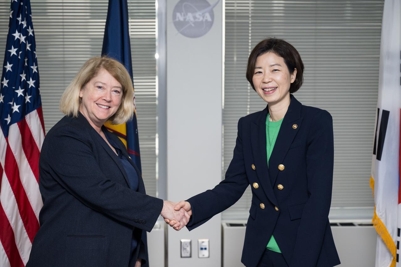NASA Deputy Administrator Pam Melroy, left, shakes hands with Vice Minister, Ministry of Science and ICT of Korea, Seong Kyung Cho, Tuesday, Jan. 23, 2024, at the Mary W. Jackson NASA Headquarters building in Washington. Photo Credit: (NASA/Aubrey Gemignani)