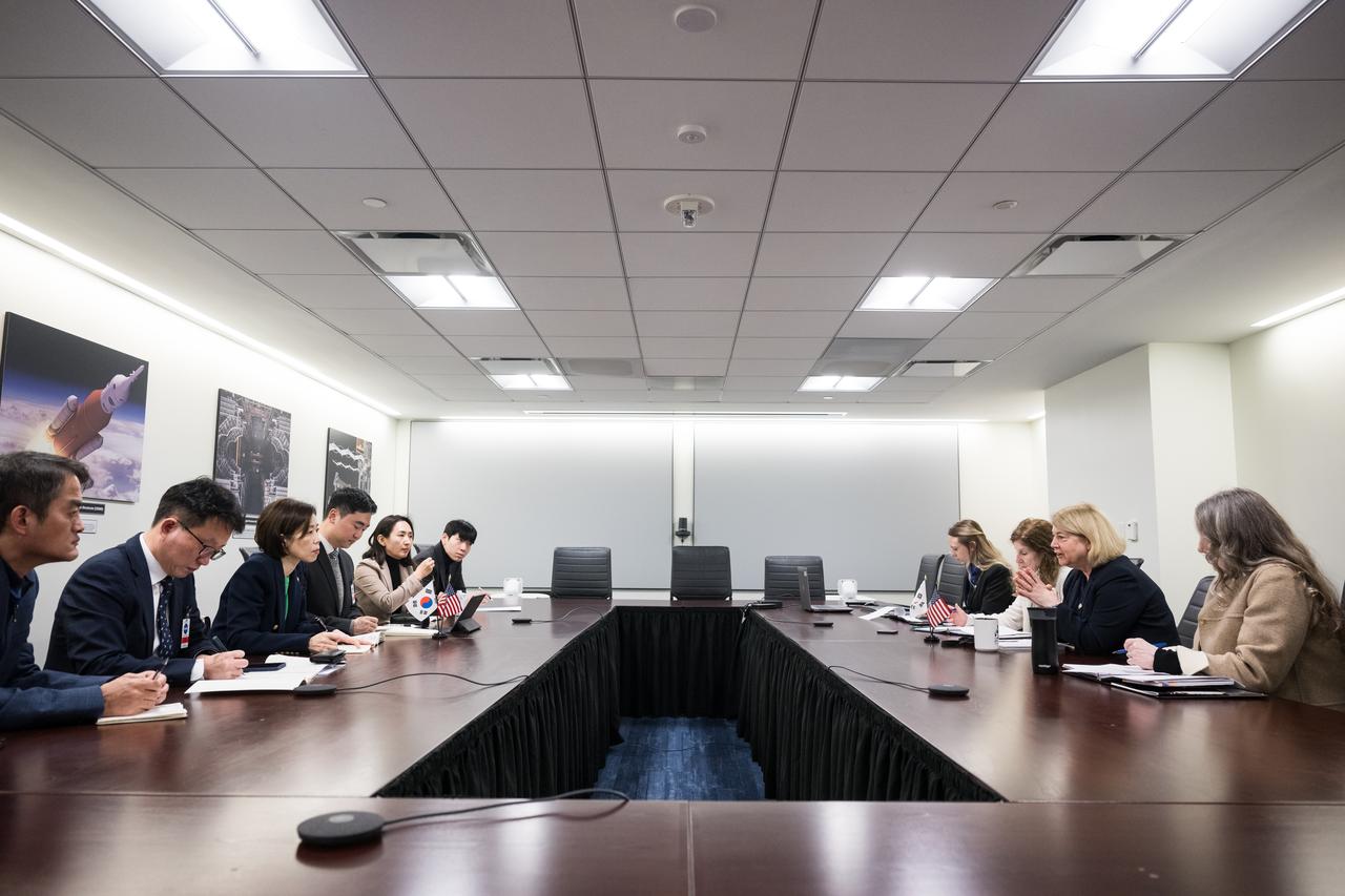 NASA Deputy Administrator Pam Melroy, second from right, along with NASA Associate Administrator for International and Interagency Relations, Karen Feldstein, third from right, Deputy Associate Administrator for International and Interagency Relations Meredith McKay, right, and NASA International Program Specialist Melanie Dalby, meet with from left to right, Science and ICT Counselor, Embassy of Republic of Korea, Kyu Chul Song, Special Advisor of International Space Cooperation, Ministry of Science and ICT of Korea, Byung Il Choi, Vice Minister, Ministry of Science and ICT of Korea, Seong Kyung Cho, Translator, Ministry of Science and ICT of Korea, Ji Ho Kim, Director, Americas and Asia Cooperation Division, Ministry of Science and ICT of Korea, Kyoung Lim Lee, and Deputy Director, Americas and Asia Cooperation Division, Ministry of Science and ICT of Korea, Sang Won Kim, Tuesday, Jan. 23, 2024, at the Mary W. Jackson NASA Headquarters building in Washington. Photo Credit: (NASA/Aubrey Gemignani)