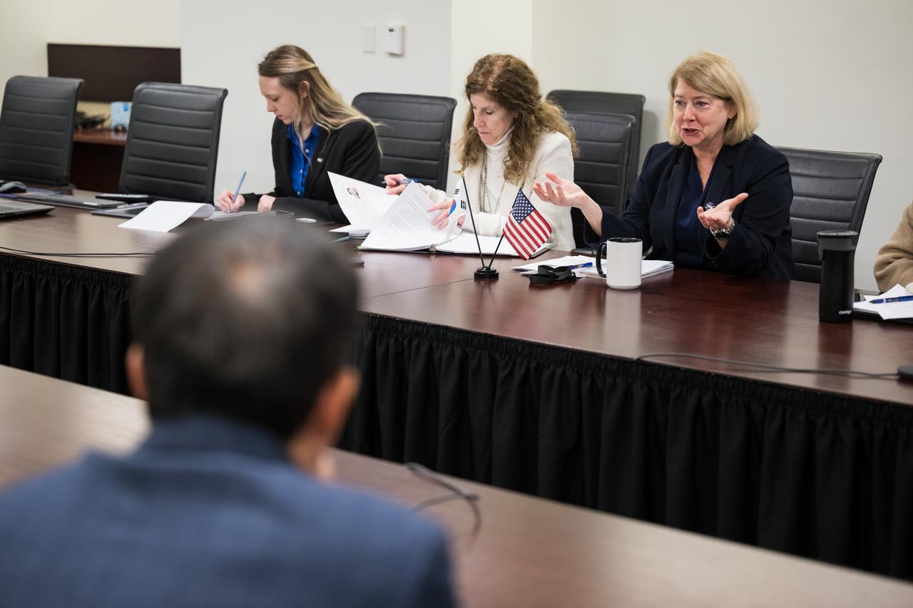 NASA Deputy Administrator Pam Melroy speaks during a meeting with Vice Minister, Ministry of Science and ICT of Korea, Seong Kyung Cho (not pictured), Tuesday, Jan. 23, 2024, at the Mary W. Jackson NASA Headquarters building in Washington. Photo Credit: (NASA/Aubrey Gemignani)
