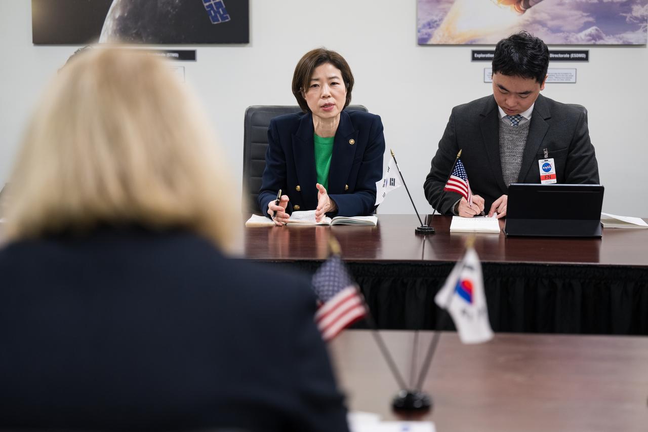 Vice Minister, Ministry of Science and ICT of Korea, Seong Kyung Cho, left, speaks to NASA Deputy Administrator Pam Melroy during a meeting, Tuesday, Jan. 23, 2024, at the Mary W. Jackson NASA Headquarters building in Washington. Photo Credit: (NASA/Aubrey Gemignani)