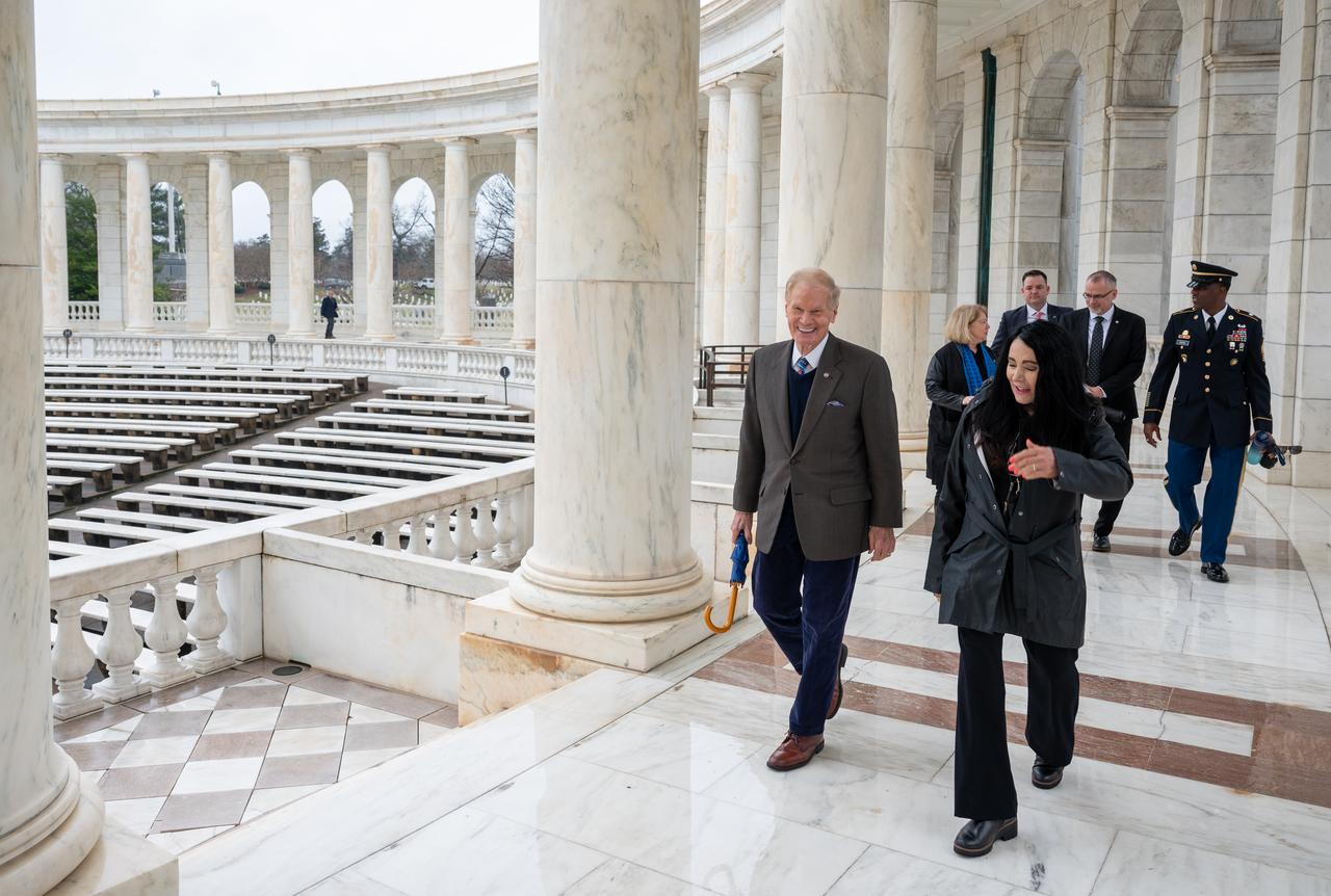 NASA Administrator Bill Nelson is escorted to the Tomb of the Unknowns for a wreath laying ceremony by Executive Director of the Office of Army Cemeteries, Karen Durham-Aguilera, as part of NASA's Day of Remembrance, Thursday, Jan. 25, 2024, at Arlington National Cemetery in Arlington, Va. The wreaths were laid in memory of those men and women who lost their lives in the quest for space exploration. Photo Credit: (NASA/Keegan Barber)