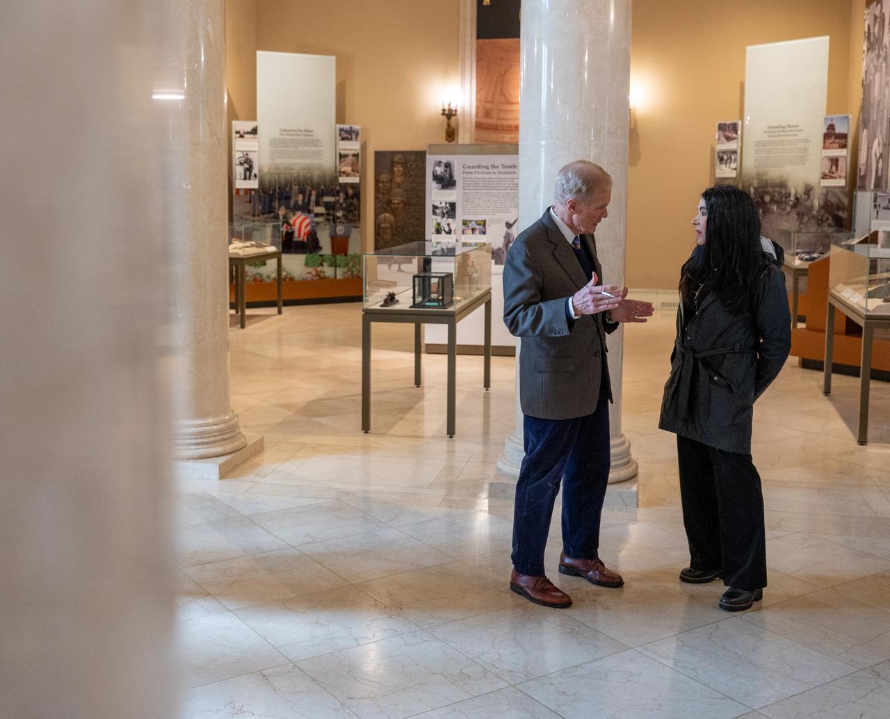 NASA Administrator Bill Nelson speaks with Executive Director of the Office of Army Cemeteries, Karen Durham-Aguilera, prior to a wreath laying ceremony as part of NASA's Day of Remembrance, Thursday, Jan. 25, 2024, at Arlington National Cemetery in Arlington, Va. The wreaths were laid in memory of those men and women who lost their lives in the quest for space exploration. Photo Credit: (NASA/Keegan Barber)