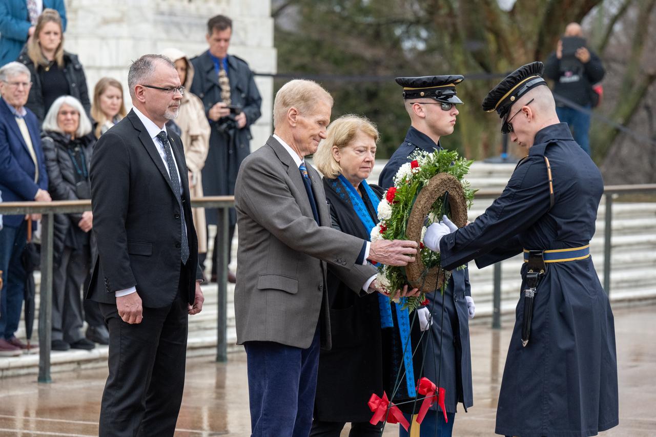 From left to right, NASA Associate Administrator Jim Free, NASA Administrator Bill Nelson and NASA Deputy Administrator Pam Melroy are seen during a wreath laying ceremony, as a part of NASA's Day of Remembrance, Thursday, Jan. 25, 2024, at Arlington National Cemetery in Arlington, Va. The wreaths were laid in memory of those men and women who lost their lives in the quest for space exploration. Photo Credit: (NASA/Keegan Barber)
