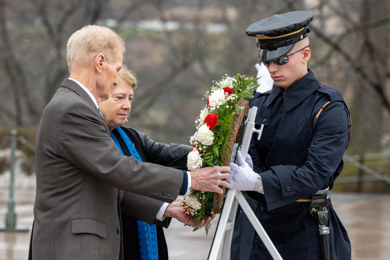 NASA Administrator Bill Nelson, left, and NASA Deputy Administrator Pam Melroy, right, lay a wreath at the Tomb of the Unknowns as part of NASA's Day of Remembrance, Thursday, Jan. 25, 2024, at Arlington National Cemetery in Arlington, Va. The wreaths were laid in memory of those men and women who lost their lives in the quest for space exploration. Photo Credit: (NASA/Keegan Barber)
