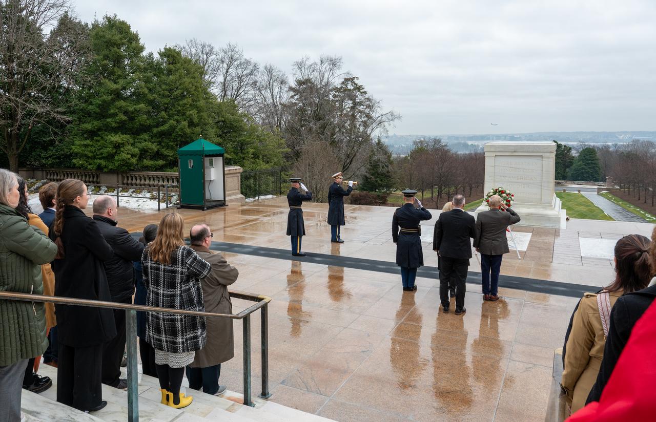 NASA Leadership and staff participate in a wreath laying ceremony at the Tomb of the Unknowns as part of NASA's Day of Remembrance, Thursday, Jan. 25, 2024, at Arlington National Cemetery in Arlington, Va. The wreaths were laid in memory of those men and women who lost their lives in the quest for space exploration. Photo Credit: (NASA/Keegan Barber)