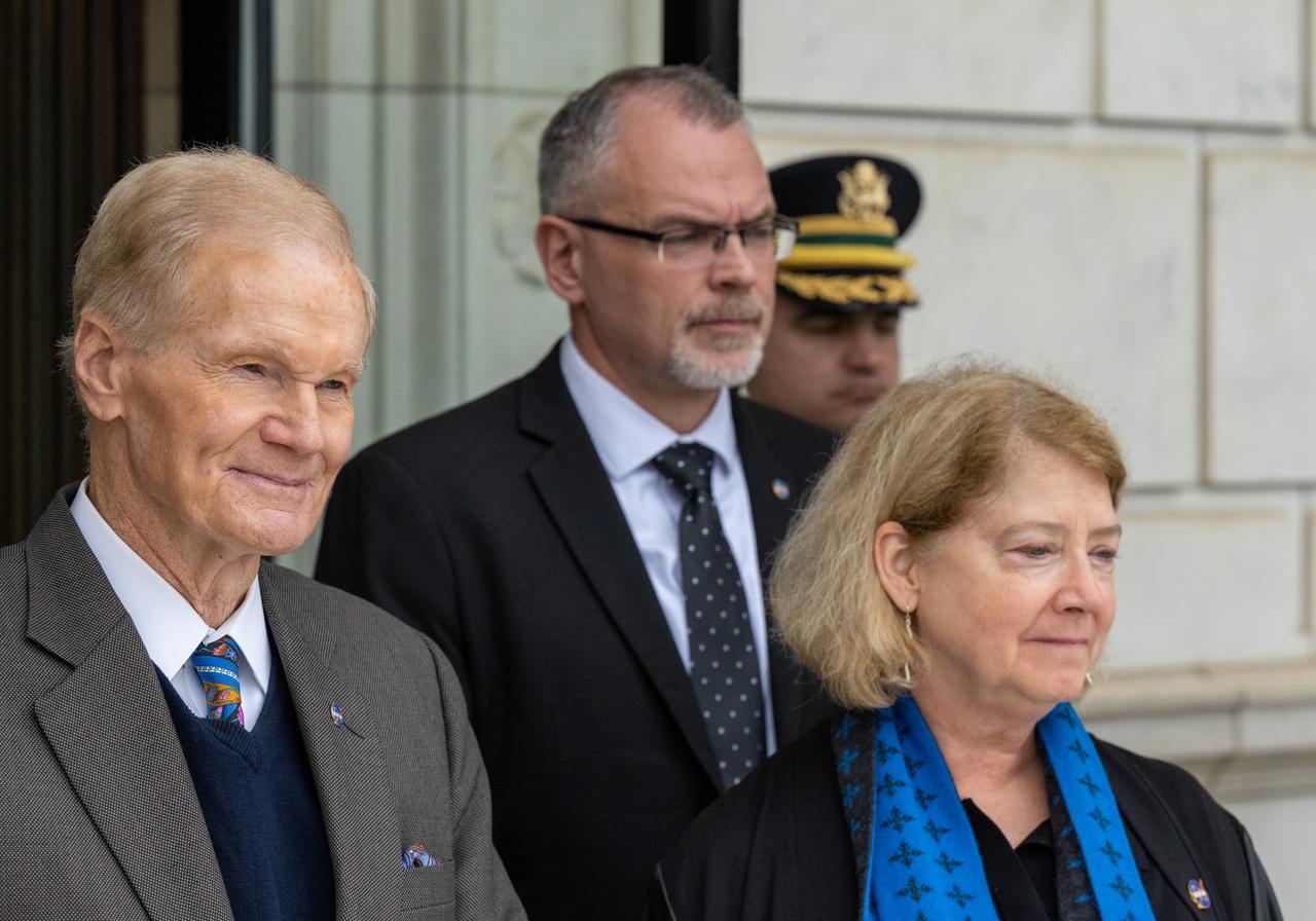 From left to right, NASA Administrator Bill Nelson, NASA Associate Administrator Jim Free, and NASA Deputy Administrator Pam Melroy, are seen following a wreath laying ceremony, as a part of NASA's Day of Remembrance, Thursday, Jan. 25, 2024, at Arlington National Cemetery in Arlington, Va. The wreaths were laid in memory of those men and women who lost their lives in the quest for space exploration. Photo Credit: (NASA/Keegan Barber)