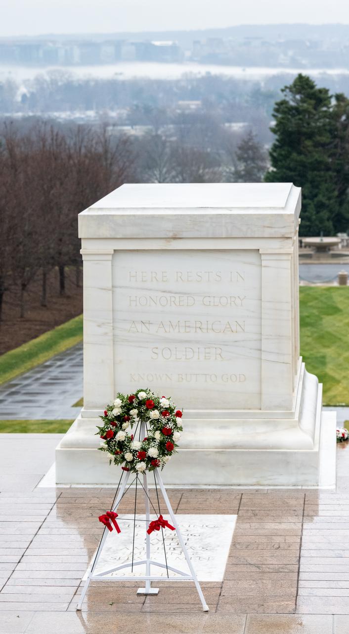 A wreath placed by NASA Administrator Bill Nelson and NASA Deputy Administrator Pam Melroy is seen at the Tomb of the Unknowns as part of NASA's Day of Remembrance, Thursday, Jan. 25, 2024, at Arlington National Cemetery in Arlington, Va. The wreaths were laid in memory of those men and women who lost their lives in the quest for space exploration. Photo Credit: (NASA/Keegan Barber)