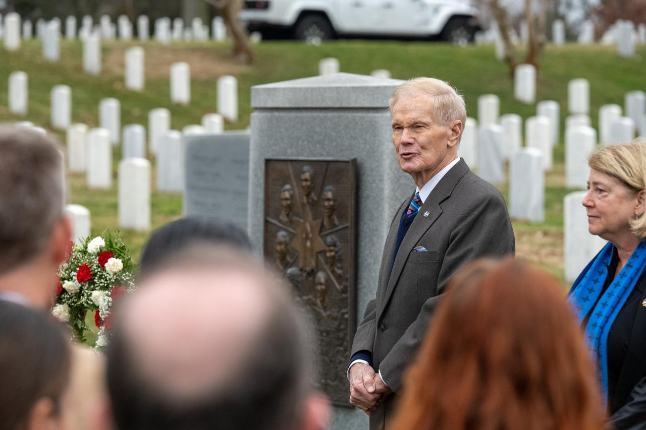 NASA Administrator Bill Nelson and NASA Deputy Administrator Pam Melroy deliver remarks at the Space Shuttle Columbia and Space Shuttle Challenger Memorial’s during a wreath laying ceremony that was part of NASA's Day of Remembrance, Thursday, Jan. 25, 2024, at Arlington National Cemetery in Arlington, Va. The wreaths were laid in memory of those men and women who lost their lives in the quest for space exploration. Photo Credit: (NASA/Keegan Barber)