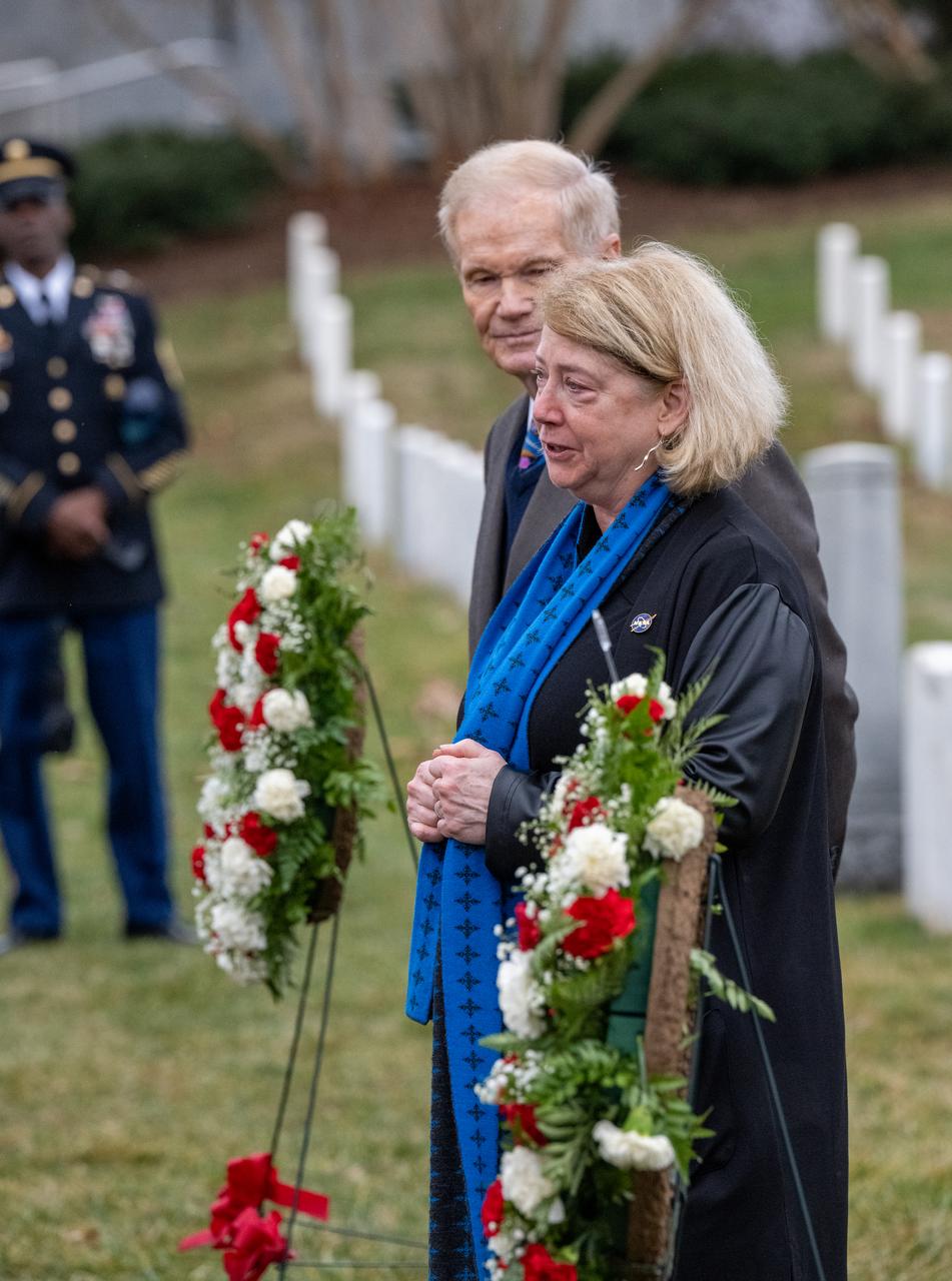 NASA Administrator Bill Nelson and NASA Deputy Administrator Pam Melroy deliver remarks at the Space Shuttle Columbia and Space Shuttle Challenger Memorial’s during a wreath laying ceremony that was part of NASA's Day of Remembrance, Thursday, Jan. 25, 2024, at Arlington National Cemetery in Arlington, Va. The wreaths were laid in memory of those men and women who lost their lives in the quest for space exploration. Photo Credit: (NASA/Keegan Barber)