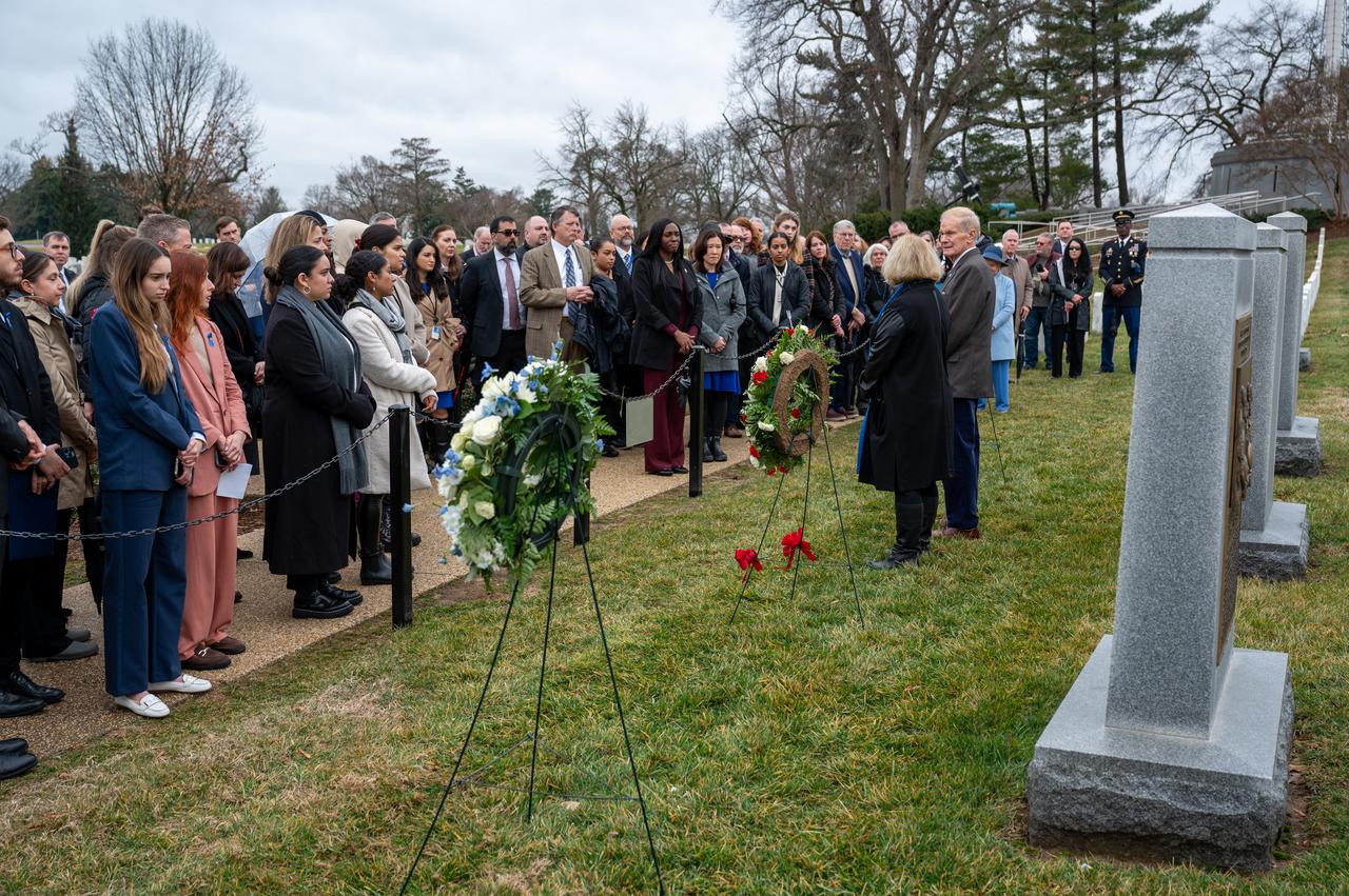 NASA Administrator Bill Nelson and NASA Deputy Administrator Pam Melroy deliver remarks at the Space Shuttle Columbia and Space Shuttle Challenger Memorial’s during a wreath laying ceremony that was part of NASA's Day of Remembrance, Thursday, Jan. 25, 2024, at Arlington National Cemetery in Arlington, Va. The wreaths were laid in memory of those men and women who lost their lives in the quest for space exploration. Photo Credit: (NASA/Keegan Barber)