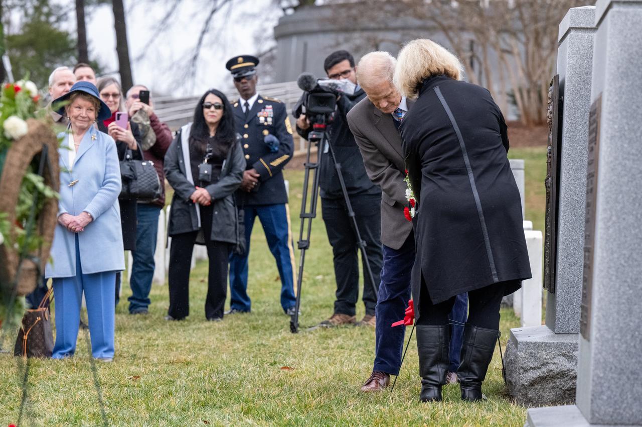 NASA Administrator Bill Nelson and NASA Deputy Administrator Pam Melroy lay a wreath at the Space Shuttle Challenger Memorial during a ceremony that was part of NASA's Day of Remembrance, Thursday, Jan. 25, 2024, at Arlington National Cemetery in Arlington, Va. The wreaths were laid in memory of those men and women who lost their lives in the quest for space exploration. Photo Credit: (NASA/Keegan Barber)