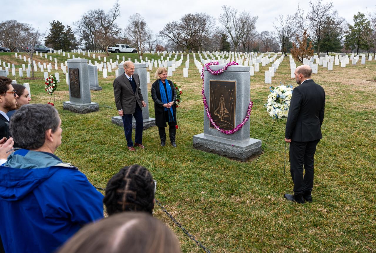 From left to right, NASA Administrator Bill Nelson, NASA Deputy Administrator Pam Melroy, and Deputy Chief of Mission for the Embassy of Israel Eliav Benjamin, place wreaths at the Space Shuttle Columbia Memorial during a ceremony that was part of NASA's Day of Remembrance, Thursday, Jan. 25, 2024, at Arlington National Cemetery in Arlington, Va. The wreaths were laid in memory of those men and women who lost their lives in the quest for space exploration. Photo Credit: (NASA/Keegan Barber)