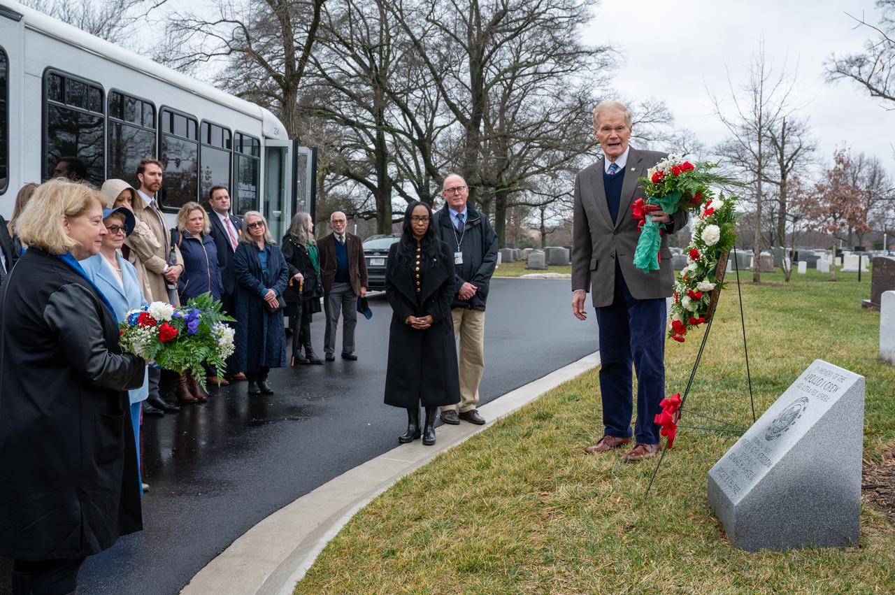 NASA Administrator Bill Nelson delivers remarks after laying a wreath at the Apollo 1 Memorial during a ceremony that was part of NASA's Day of Remembrance, Thursday, Jan. 25, 2024, at Arlington National Cemetery in Arlington, Va. The wreaths were laid in memory of those men and women who lost their lives in the quest for space exploration. Photo Credit: (NASA/Keegan Barber)