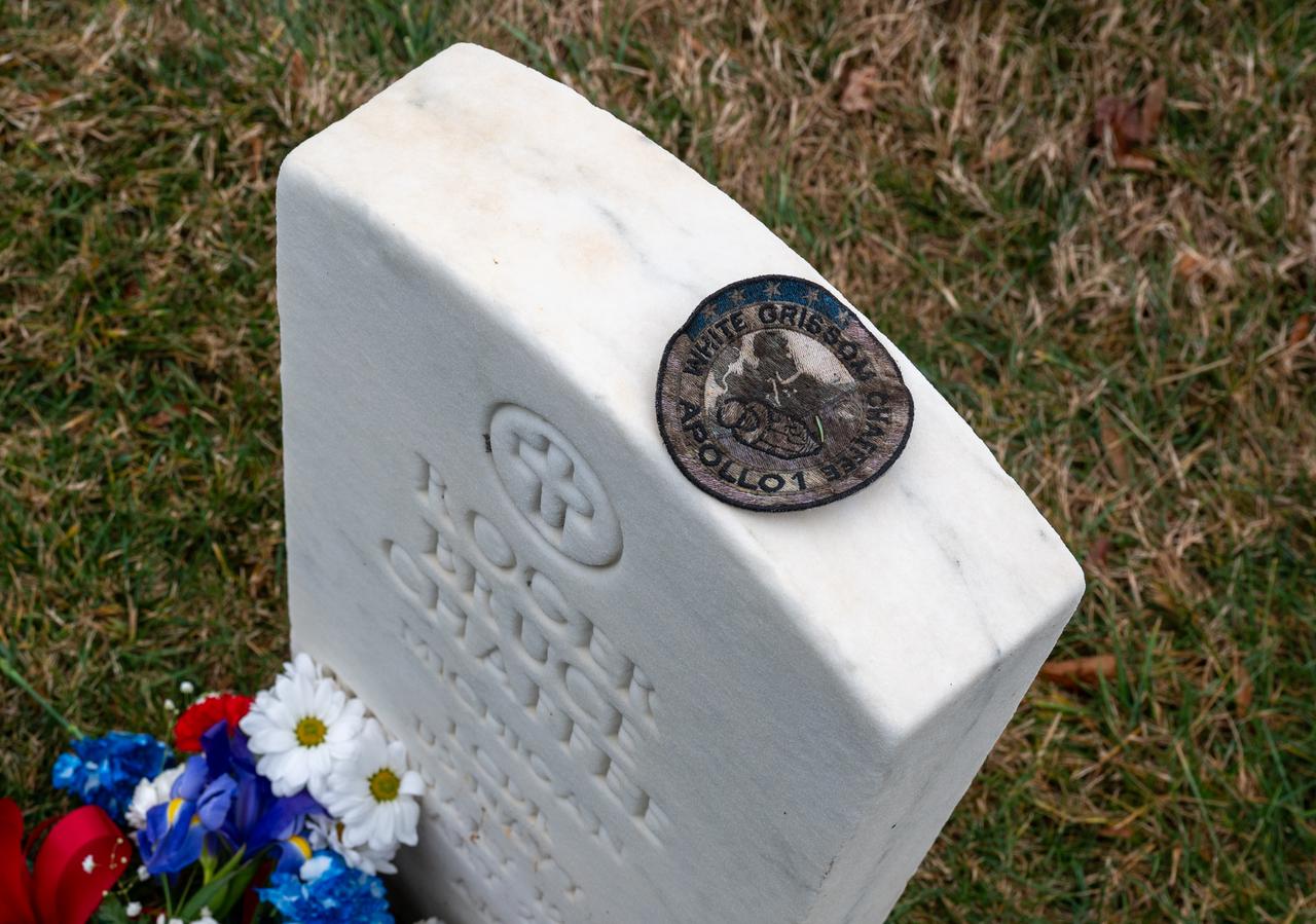 Flowers are seen at the grave marker of Roger Chaffee from Apollo 1 after NASA Administrator Bill Nelson and Deputy Administrator Pam Melroy placed them there during a ceremony that was part of NASA's Day of Remembrance, Thursday, Jan. 25, 2024, at Arlington National Cemetery in Arlington, Va. The wreaths were laid in memory of those men and women who lost their lives in the quest for space exploration. Photo Credit: (NASA/Keegan Barber)