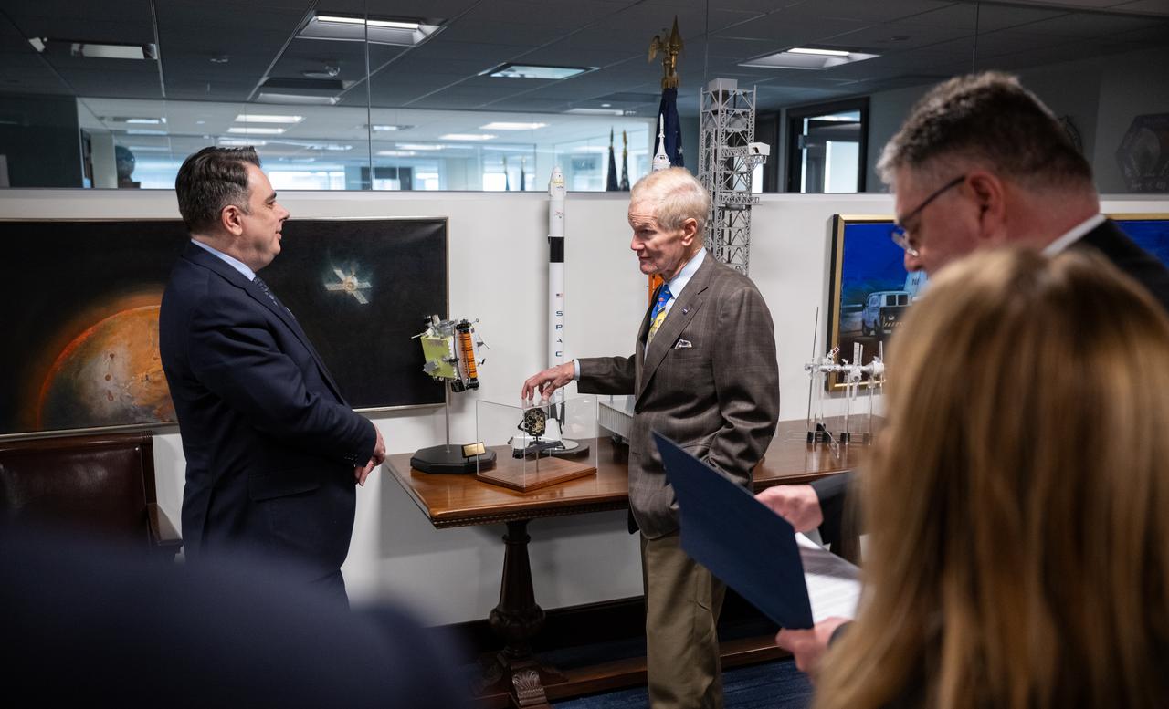 NASA Administrator Bill Nelson, right, speaks with Bulgarian Minister of Finance Assen Vassilev during a meeting, Wednesday, Feb. 7, 2024, at the Mary W. Jackson NASA Headquarters building in Washington.  Photo Credit: (NASA/Joel Kowsky)