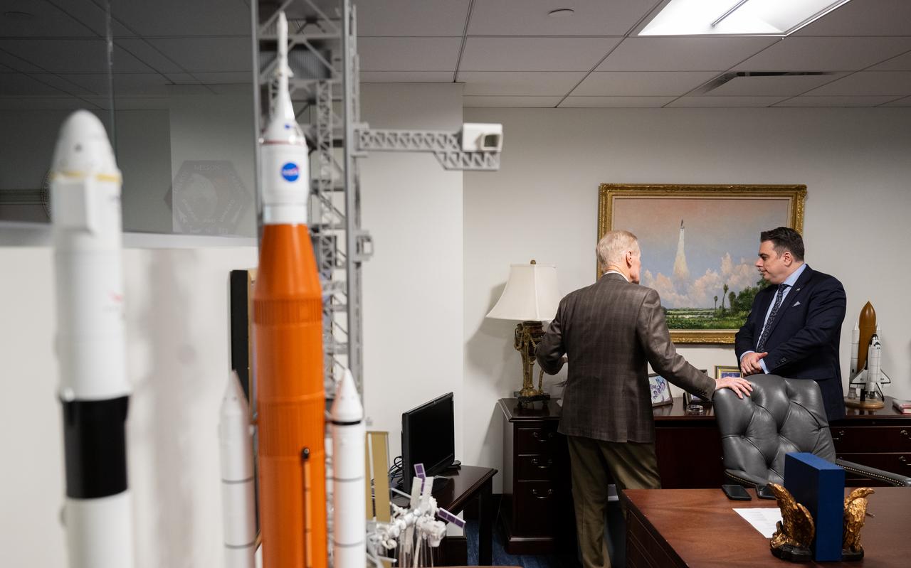 NASA Administrator Bill Nelson, left, speaks with Bulgarian Minister of Finance Assen Vassilev during a meeting, Wednesday, Feb. 7, 2024, at the Mary W. Jackson NASA Headquarters building in Washington.  Photo Credit: (NASA/Joel Kowsky)