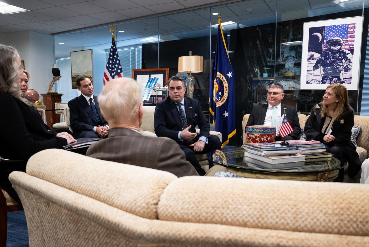 Bulgarian Minister of Finance Assen Vassilev, center, and Bulgarian Ambassador to the United States Georgi Panayotov, second from right, are seen as they meet with NASA Administrator Bill Nelson, Wednesday, Feb. 7, 2024, at the Mary W. Jackson NASA Headquarters building in Washington. Photo Credit: (NASA/Joel Kowsky)