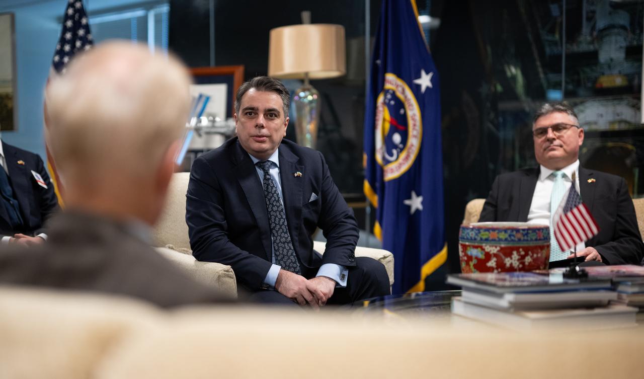 Bulgarian Minister of Finance Assen Vassilev, center, and Bulgarian Ambassador to the United States Georgi Panayotov, right, are seen as they meet with NASA Administrator Bill Nelson, Wednesday, Feb. 7, 2024, at the Mary W. Jackson NASA Headquarters building in Washington. Photo Credit: (NASA/Joel Kowsky)