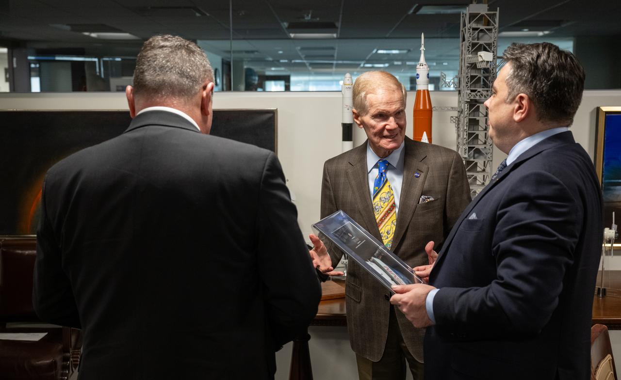 NASA Administrator Bill Nelson, center, speaks with Bulgarian Minister of Finance Assen Vassilev during a meeting, Wednesday, Feb. 7, 2024, at the Mary W. Jackson NASA Headquarters building in Washington.  Photo Credit: (NASA/Joel Kowsky)
