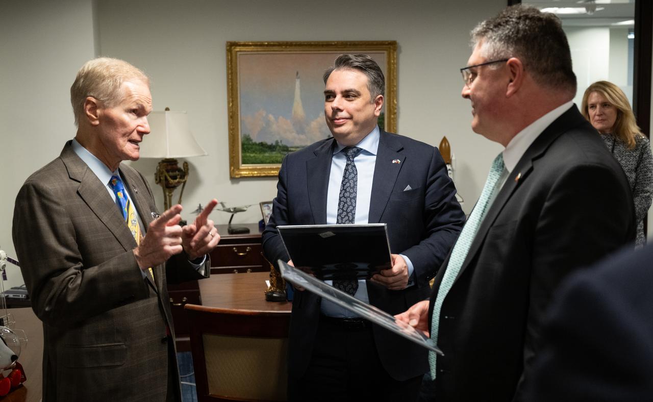 NASA Administrator Bill Nelson, left, speaks with Bulgarian Minister of Finance Assen Vassilev, center, and Bulgarian Ambassador to the United States Georgi Panayotov, right, during a meeting at the Mary W. Jackson NASA Headquarters building, Wednesday, Feb. 7, 2024, in Washington. Photo Credit: (NASA/Joel Kowsky)