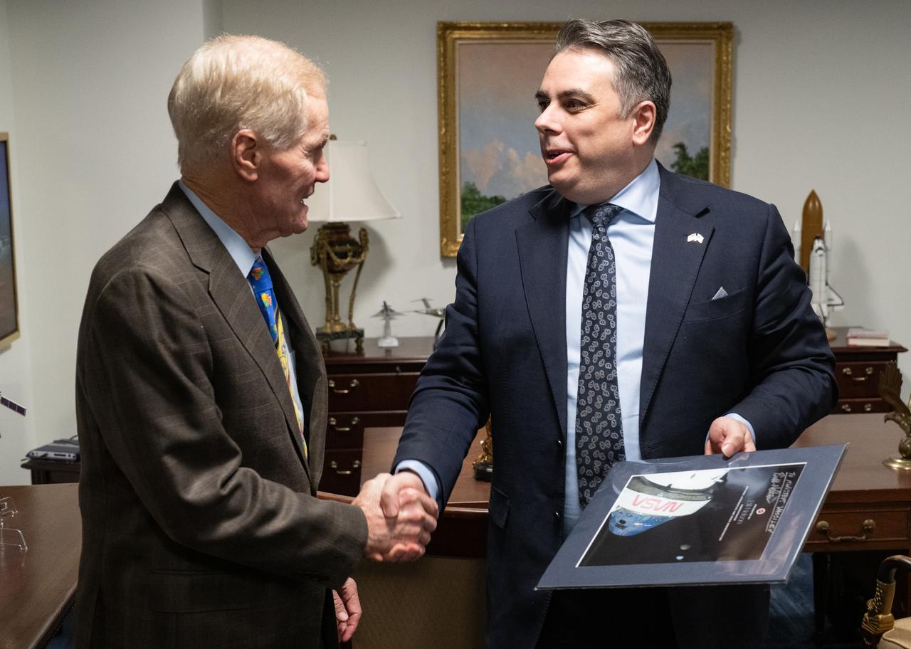 NASA Administrator Bill Nelson, left, shakes hands with Bulgarian Minister of Finance Assen Vassilev, as they meet at the Mary W. Jackson NASA Headquarters building, Wednesday, Feb. 7, 2024, in Washington.  Photo Credit: (NASA/Joel Kowsky)