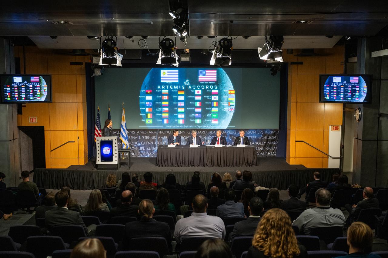From left to right, Uruguayan Ambassador to the United States Andrés Augusto Durán Hareau, U.S. Department of State Deputy Assistant Secretary Kevin Sullivan, NASA Administrator Bill Nelson, and Uruguayan Foreign Minister Omar Paganini are seen during an Artemis Accords signing ceremony, Thursday, Feb. 15, 2024, at the Mary W. Jackson NASA Headquarters building in Washington. Uruguay is the 36th country to sign the Artemis Accords, which establish a practical set of principles to guide space exploration cooperation among nations participating in NASA’s Artemis program. Photo Credit: (NASA/Keegan Barber)