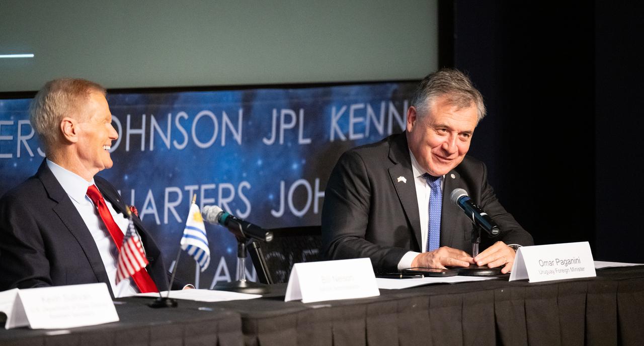 Uruguayan Foreign Minister Omar Pagani, right, delivers remarks alongside NASA Administrator Bill Nelson during an Artemis Accords signing ceremony, Thursday, Feb. 15, 2024, at the Mary W. Jackson NASA Headquarters building in Washington. Uruguay is the 36th country to sign the Artemis Accords, which establish a practical set of principles to guide space exploration cooperation among nations participating in NASA’s Artemis program. Photo Credit: (NASA/Keegan Barber)