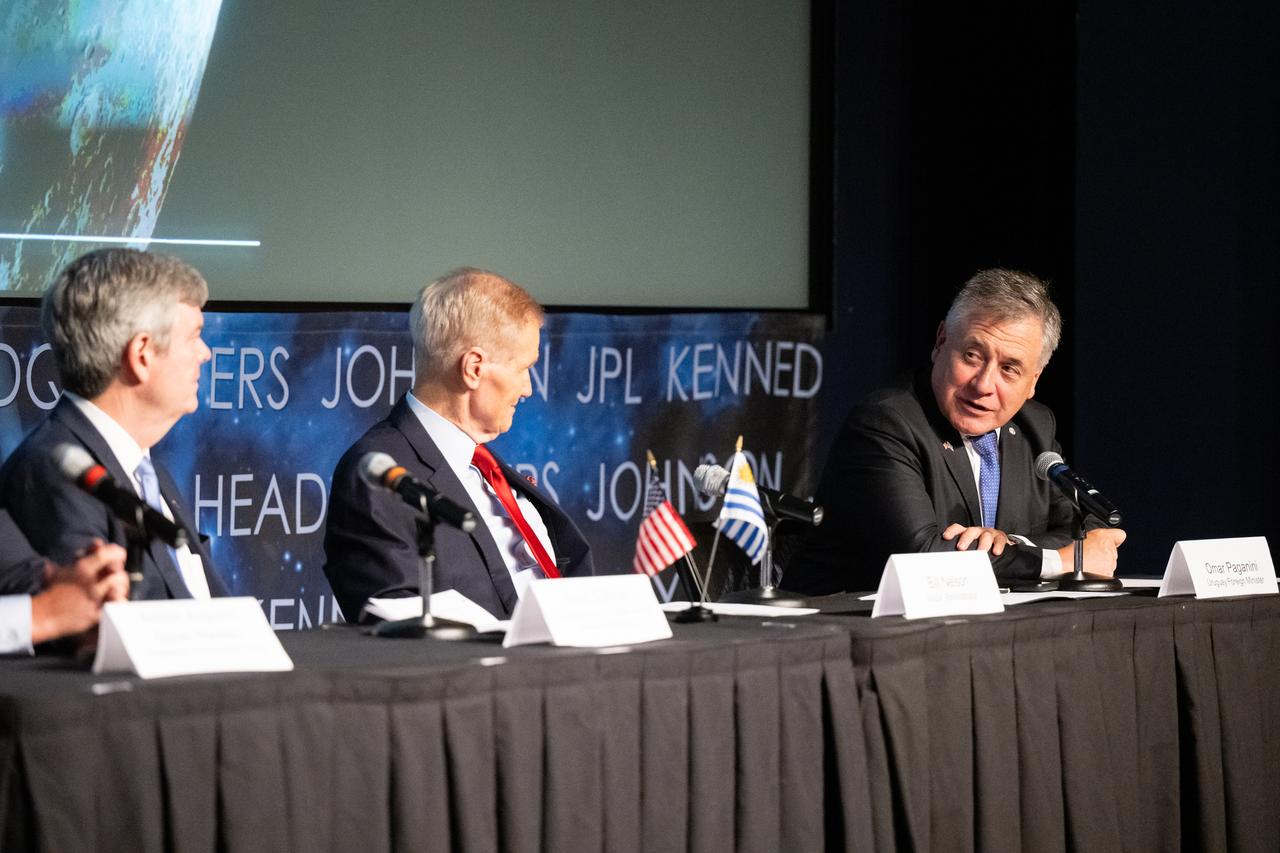 Uruguayan Foreign Minister Omar Pagani, right, delivers remarks during an Artemis Accords signing ceremony, Thursday, Feb. 15, 2024, at the Mary W. Jackson NASA Headquarters building in Washington. Uruguay is the 36th country to sign the Artemis Accords, which establish a practical set of principles to guide space exploration cooperation among nations participating in NASA’s Artemis program. Photo Credit: (NASA/Keegan Barber)