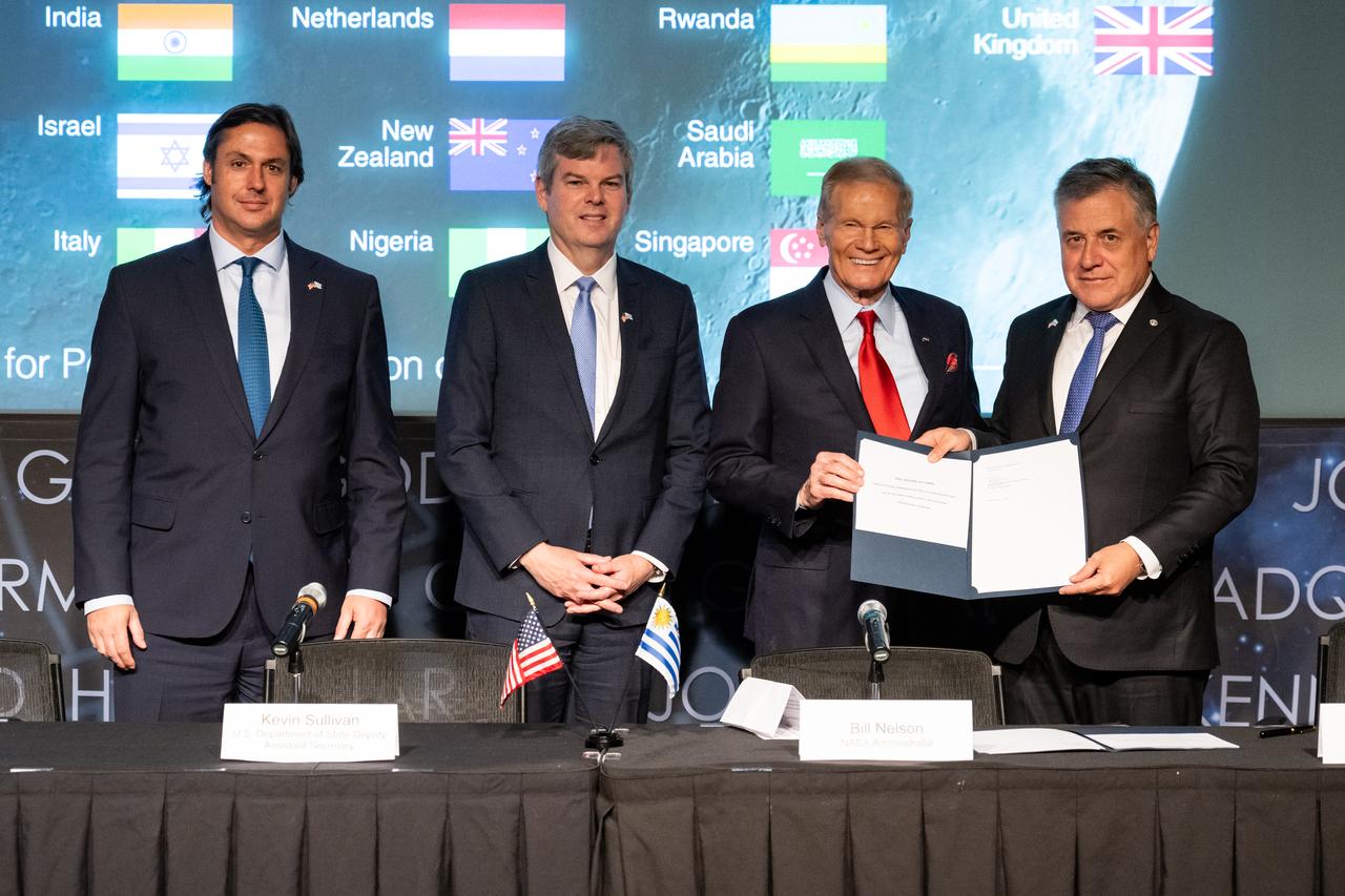 From left to right, Uruguayan Ambassador to the United States Andrés Augusto Durán Hareau, U.S. Department of State Deputy Assistant Secretary Kevin Sullivan, NASA Administrator Bill Nelson, and Uruguayan Foreign Minister Omar Paganini pose for a photo during an Artemis Accords signing ceremony, Thursday, Feb. 15, 2024, at the Mary W. Jackson NASA Headquarters building in Washington. Uruguay is the 36th country to sign the Artemis Accords, which establish a practical set of principles to guide space exploration cooperation among nations participating in NASA’s Artemis program. Photo Credit: (NASA/Keegan Barber)