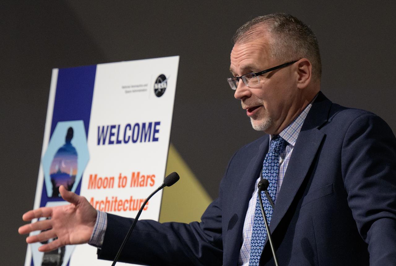 NASA Associate Administrator Jim Free gives opening remarks at the Moon to Mars Architecture Workshop, Tuesday, Feb. 20, 2024, at the National Academy of Sciences in Washington. NASA held the workshop to engage the broader space community and collect feedback from U.S. industry and academia and international partners to inform NASA's Moon to Mars Architecture, the agency's roadmap for human exploration of the Moon and Mars. Photo Credit: (NASA/Bill Ingalls)