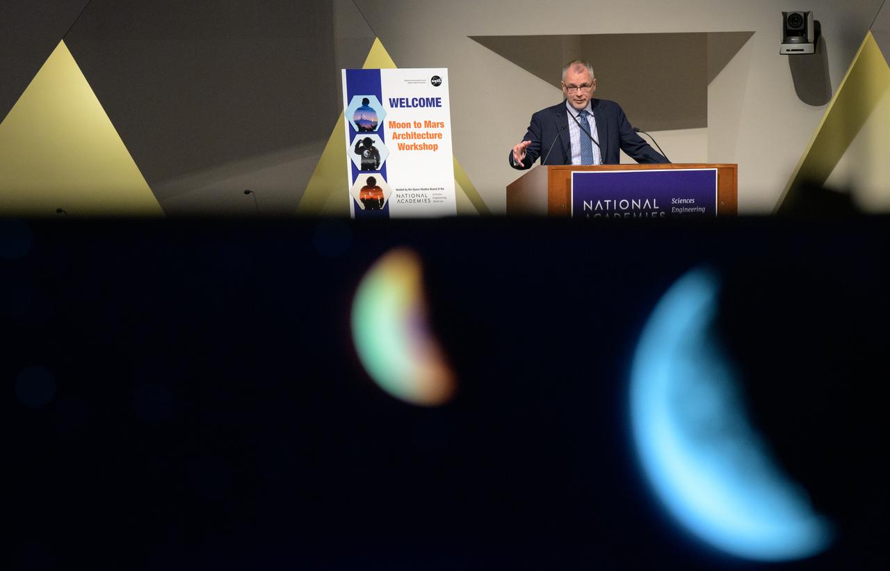 NASA Associate Administrator Jim Free gives opening remarks at the Moon to Mars Architecture Workshop, Tuesday, Feb. 20, 2024, at the National Academy of Sciences in Washington. NASA held the workshop to engage the broader space community and collect feedback from U.S. industry and academia and international partners to inform NASA's Moon to Mars Architecture, the agency's roadmap for human exploration of the Moon and Mars. Photo Credit: (NASA/Bill Ingalls)