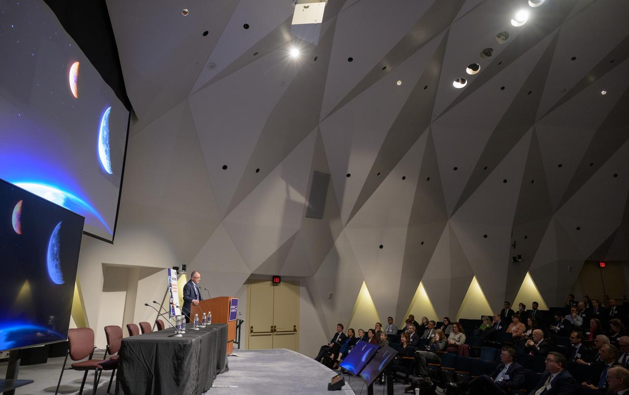 NASA Associate Administrator Jim Free gives opening remarks at the Moon to Mars Architecture Workshop, Tuesday, Feb. 20, 2024, at the National Academy of Sciences in Washington. NASA held the workshop to engage the broader space community and collect feedback from U.S. industry and academia and international partners to inform NASA's Moon to Mars Architecture, the agency's roadmap for human exploration of the Moon and Mars. Photo Credit: (NASA/Bill Ingalls)