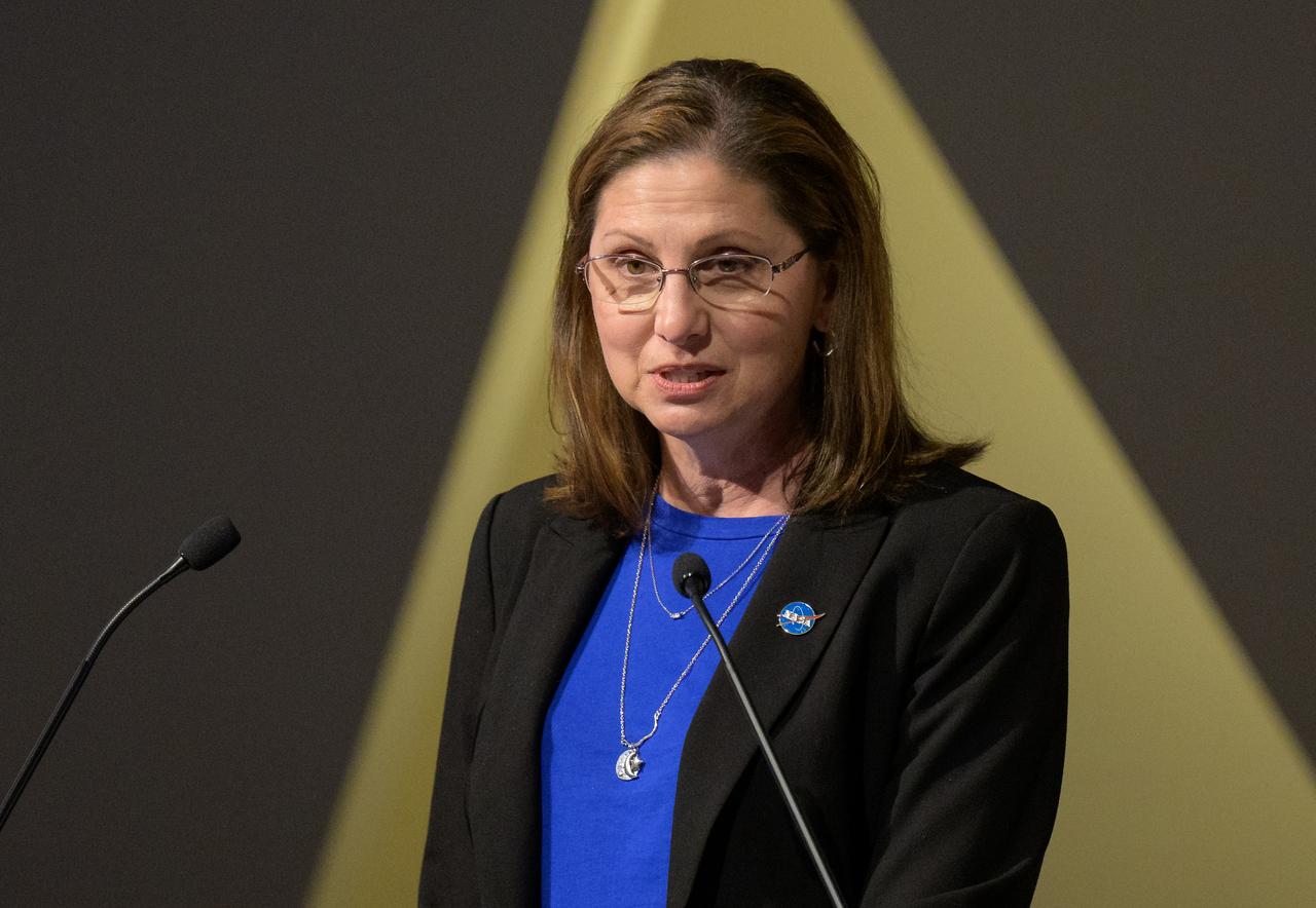 NASA Associate Administrator for Exploration Systems Development, Catherine Koerner, gives opening remarks at the Moon to Mars Architecture Workshop, Tuesday, Feb. 20, 2024, at the National Academy of Sciences in Washington. NASA held the workshop to engage the broader space community and collect feedback from U.S. industry and academia and international partners to inform NASA's Moon to Mars Architecture, the agency's roadmap for human exploration of the Moon and Mars. Photo Credit: (NASA/Bill Ingalls)