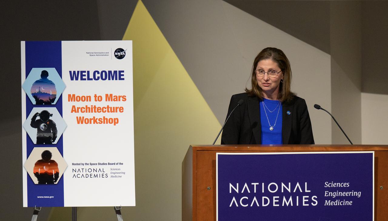NASA Associate Administrator for Exploration Systems Development, Catherine Koerner, gives opening remarks at the Moon to Mars Architecture Workshop, Tuesday, Feb. 20, 2024, at the National Academy of Sciences in Washington. NASA held the workshop to engage the broader space community and collect feedback from U.S. industry and academia and international partners to inform NASA's Moon to Mars Architecture, the agency's roadmap for human exploration of the Moon and Mars. Photo Credit: (NASA/Bill Ingalls)