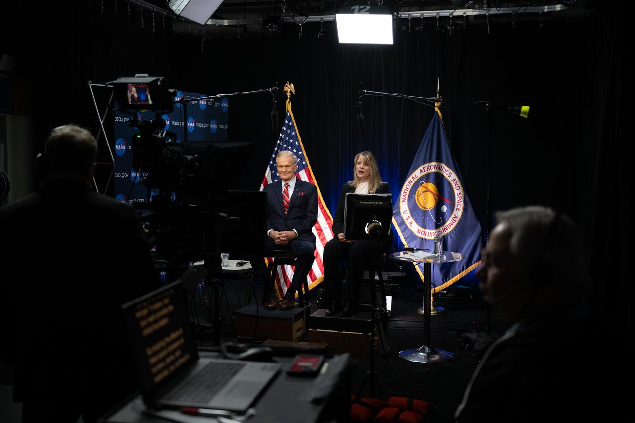 NASA Administrator Bill Nelson, left, and Lisa Carnell, director of NASA’s Biological and Physical Sciences Division are seen during an Earth-to-space call with astronauts aboard the International Space Station, Wednesday, Feb. 21, 2024, at the Mary W. Jackson NASA Headquarters building in Washington. Nelson and Carnell spoke with Expedition 70 crew members Andreas Mogenson of ESA, Jasmin Moghbeli of NASA, and Satoshi Furukawa of JAXA about recent science research and technology demonstrations aboard the orbiting laboratory. Photo Credit: (NASA/Joel Kowsky)