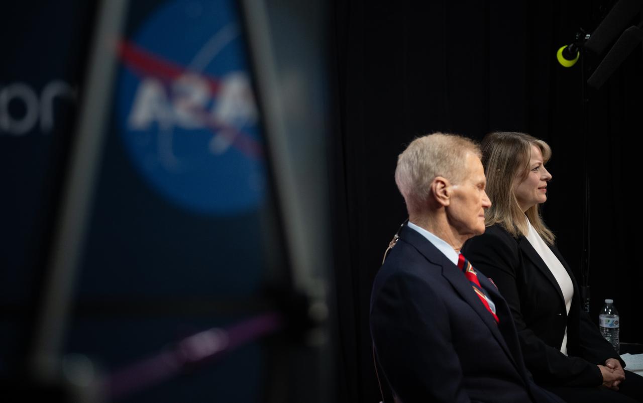 NASA Administrator Bill Nelson, left, and Lisa Carnell, director of NASA’s Biological and Physical Sciences Division are seen during an Earth-to-space call with astronauts aboard the International Space Station, Wednesday, Feb. 21, 2024, at the Mary W. Jackson NASA Headquarters building in Washington. Nelson and Carnell spoke with Expedition 70 crew members Andreas Mogenson of ESA, Jasmin Moghbeli of NASA, and Satoshi Furukawa of JAXA about recent science research and technology demonstrations aboard the orbiting laboratory. Photo Credit: (NASA/Joel Kowsky)
