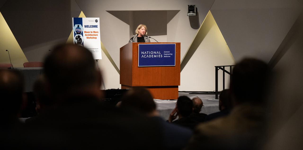 NASA Deputy Administrator Pam Melroy gives opening remarks at the Moon to Mars Architecture Workshop, Thursday, Feb. 22, 2024, at the National Academy of Sciences in Washington. NASA held the workshop to engage the broader space community and collect feedback from U.S. industry and academia and international partners to inform NASA's Moon to Mars Architecture, the agency's roadmap for human exploration of the Moon and Mars.
