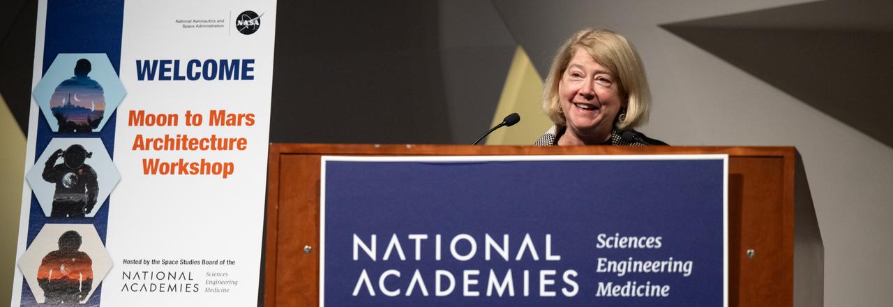 NASA Deputy Administrator Pam Melroy gives opening remarks at the Moon to Mars Architecture Workshop, Thursday, Feb. 22, 2024, at the National Academy of Sciences in Washington. NASA held the workshop to engage the broader space community and collect feedback from U.S. industry and academia and international partners to inform NASA's Moon to Mars Architecture, the agency's roadmap for human exploration of the Moon and Mars.